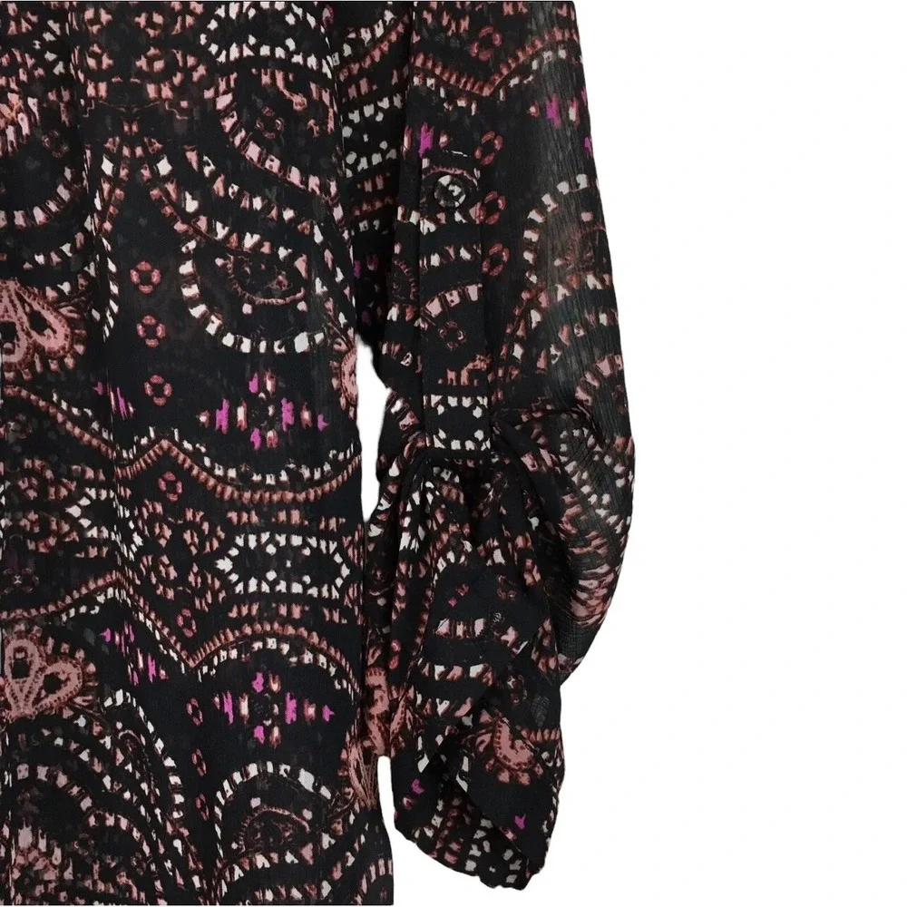 Daniel Rainn Blouse Womens Button Up Roll Tab Long Sleeve Chiffon Overlay Small